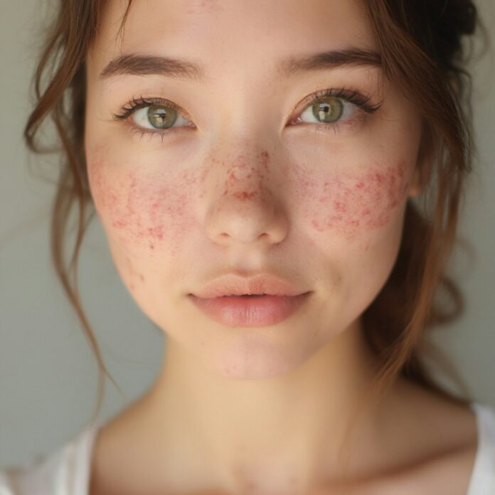 A young woman with freckles on her face