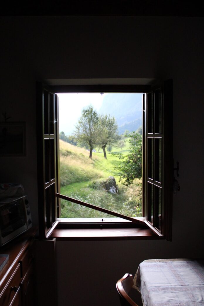 A window frames a lush green landscape.